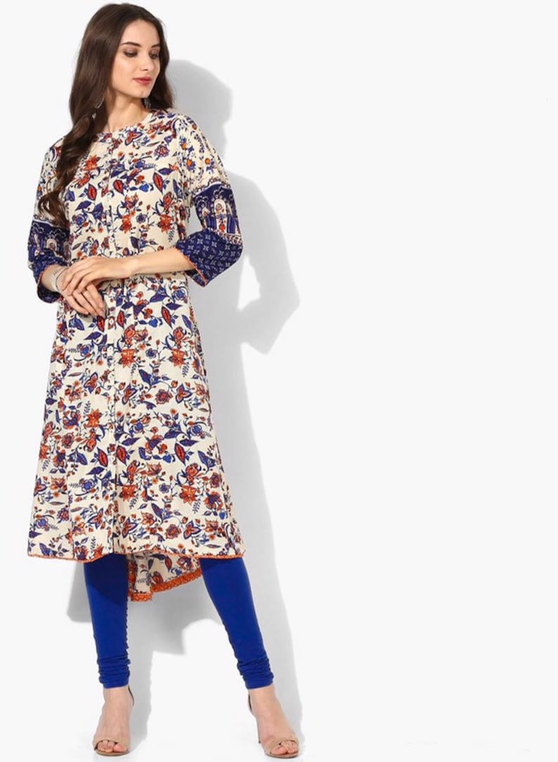 Indigo/Yellow asymmetric cotton printed kurta/ Tunic/ Cotton churidar Pant/ Block Print / Bollywood / Handloom / Handmade/ Ethnic/India