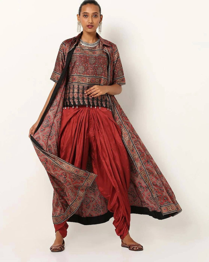 Kaftan/Indian Ethnic Kurta with palazzo pant and Jacket/ Layered Kurta/ Long Dress Set/Palazzo/ Jacket/ Block Print/Modal Silk