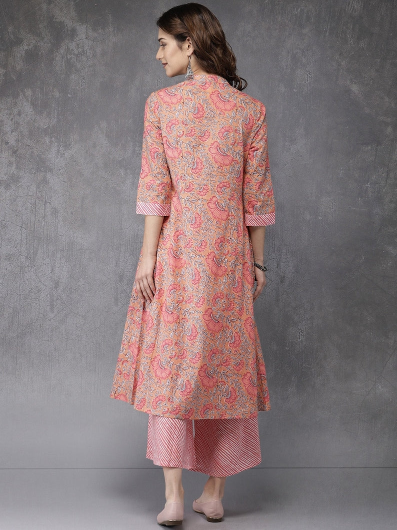 Printed Soft Pink Long Dress/Palazzo Pant/Shirt/Tunic/Ladies Cotton Kurti/Handmade/ Ethnic Wear/Block Print/ Summer wear /Bohemian