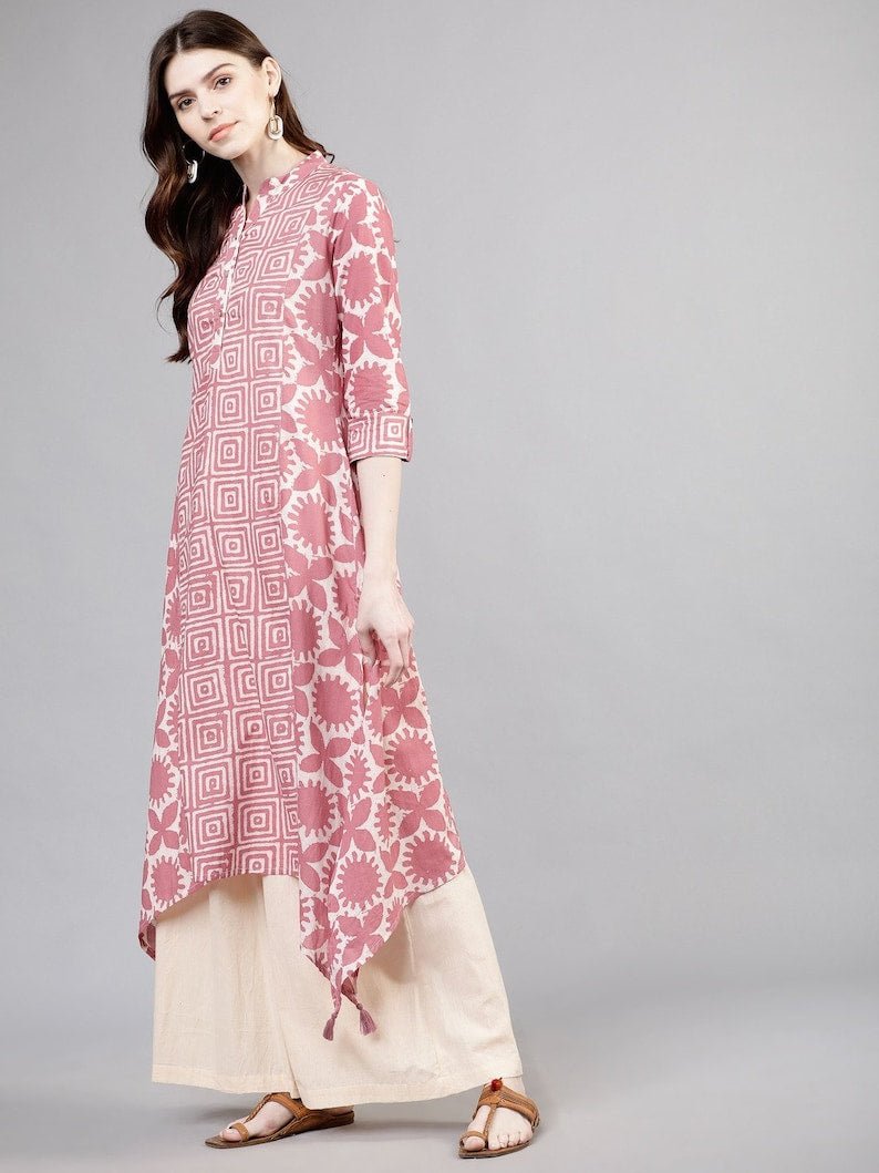 Printed Soft Pink Long Dress/Palazzo Pant/Shirt/Tunic/Ladies Cotton Kurti/Handmade/ Ethnic Wear/Block Print/ Summer wear /Bohemian