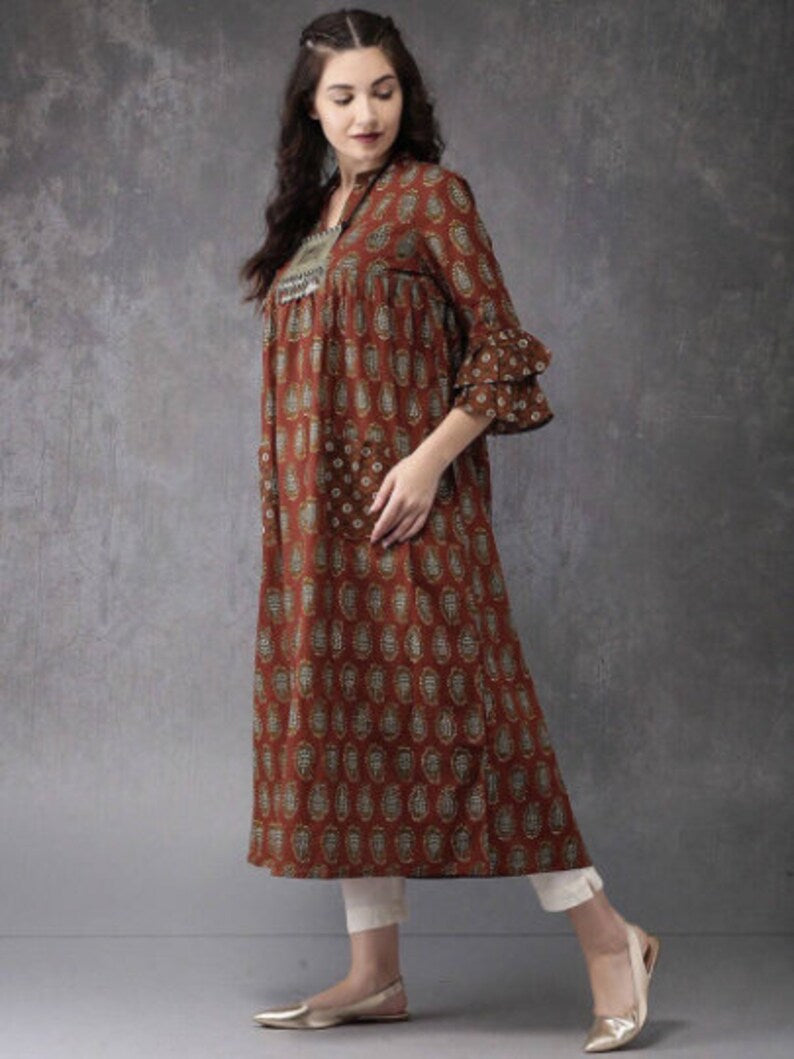 Ethnic Long Dress Cotton Kurta/Kurti/ Tunic/Long Dress/Batik Print/Bollywood/Handmade/Tassel/Bohemian/Traditional/India/Textiles/