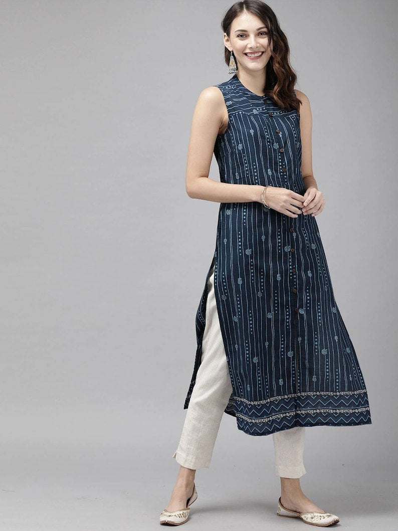 Indigo Kurta/Cotton/Summer Wear/Block Print / Bollywood / Long Tunic/ Summer Wear/ Long Shirt/ Bollywood/Batik/