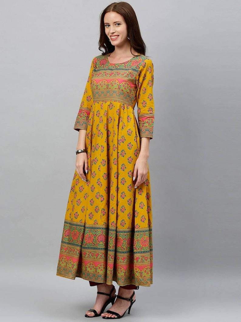 Mustard Yellow woven design A-Line kurta/Cotton/Tunic/Long Dress/Batik Print/Bollywood/Handmade/Anarkali/ Bollywood/ India