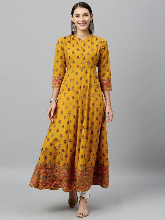 Mustard Yellow woven design A-Line kurta/Cotton/Tunic/Long Dress/Batik Print/Bollywood/Handmade/Anarkali/ Bollywood/ India