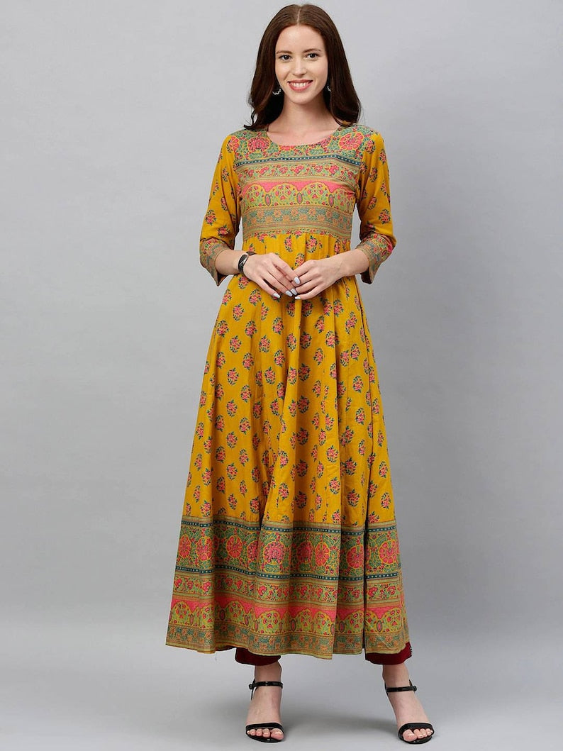 Mustard Yellow woven design A-Line kurta/Cotton/Tunic/Long Dress/Batik Print/Bollywood/Handmade/Anarkali/ Bollywood/ India