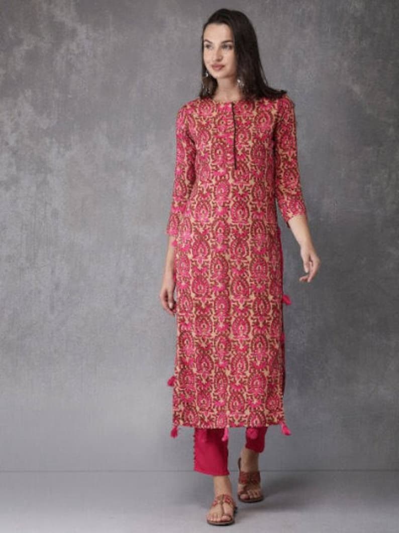 Cotton authentic Kurta/Kurta with Tassel Tunic/Long A line Dress/Batik Print/Bollywood/Handmade/Tassel/Bohemian/India/Summer