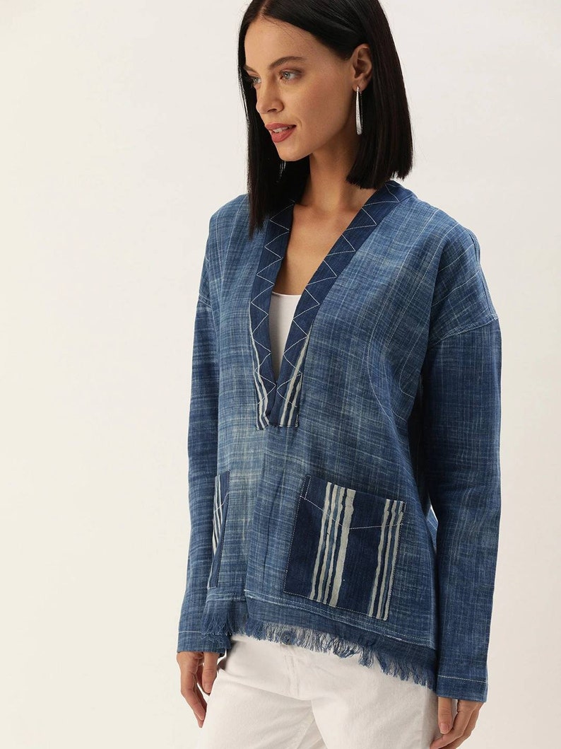 Women Indigo Dyed and Hand Block Print Open Front Patchwork Sustainable Jacket with Flared Hem/ India/ Ethnic/ Fusion Wear/