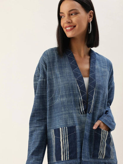 Women Indigo Dyed and Hand Block Print Open Front Patchwork Sustainable Jacket with Flared Hem/ India/ Ethnic/ Fusion Wear/