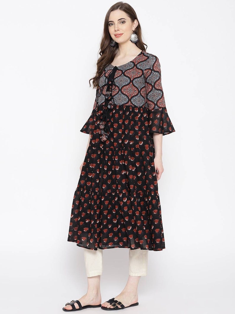 Linen Dress/ Linen Long/ Women Black & Rust Red Solid Straight Layered Dress/Summer Wear/ Anarkali/ Soft Cotton/ Block Print/