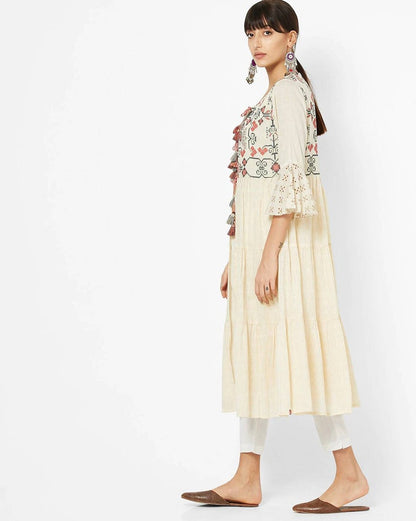 Linen Dress/ Women Off-White & Rust Solid A-Line Linen Dress with Printed Layer