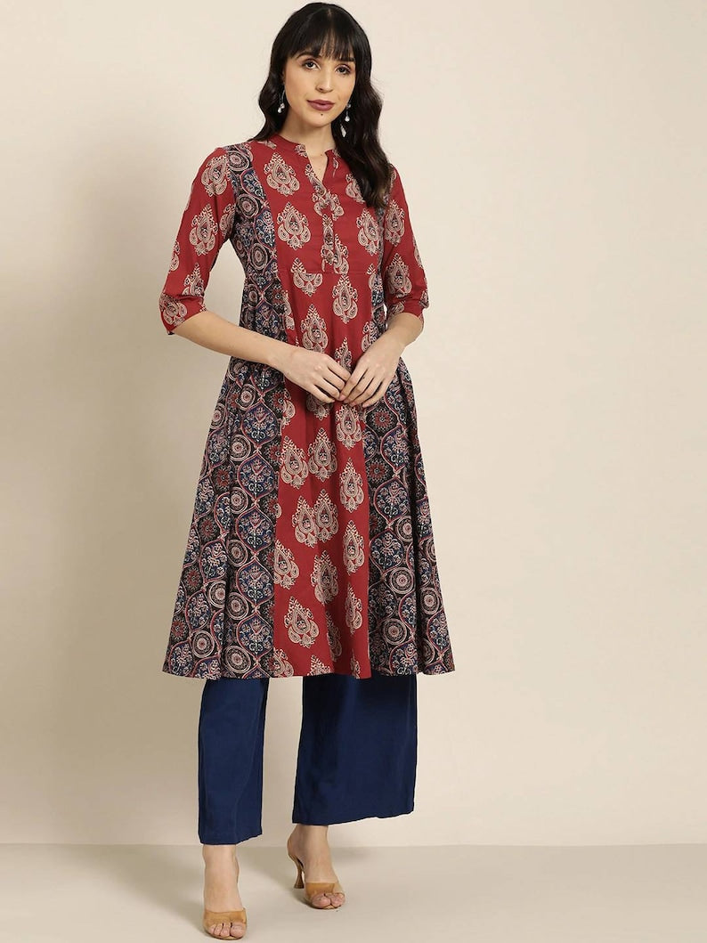 Women New!! Summer Festive Dress/ Tunic/Textured/ 100% Cotton/Double gauze Cotton/India/ Long Top/Ethnic Print Panelled A-Line Kurta