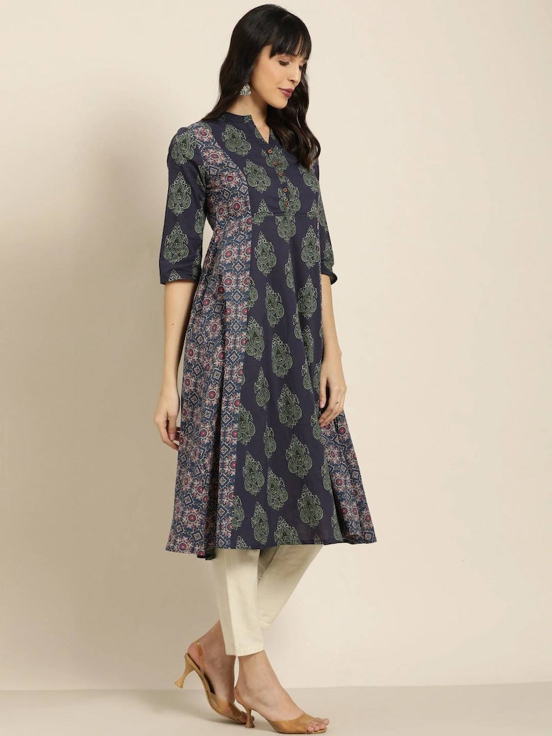 Women New!! Summer Festive Dress/ Tunic/Textured/ 100% Cotton/Double gauze Cotton/India/ Long Top/Ethnic Print Panelled A-Line Kurta