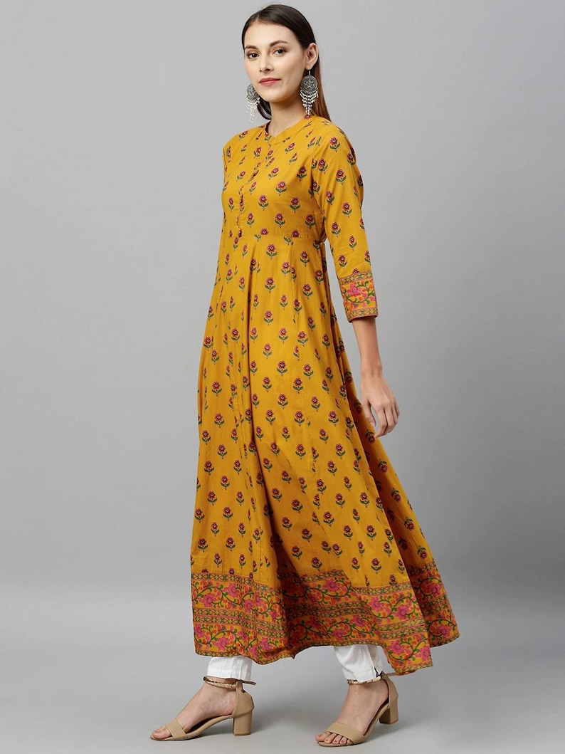 Mustard Yellow woven design A-Line kurta/Cotton/Tunic/Long Dress/Batik Print/Bollywood/Handmade/Anarkali/ Bollywood/ India