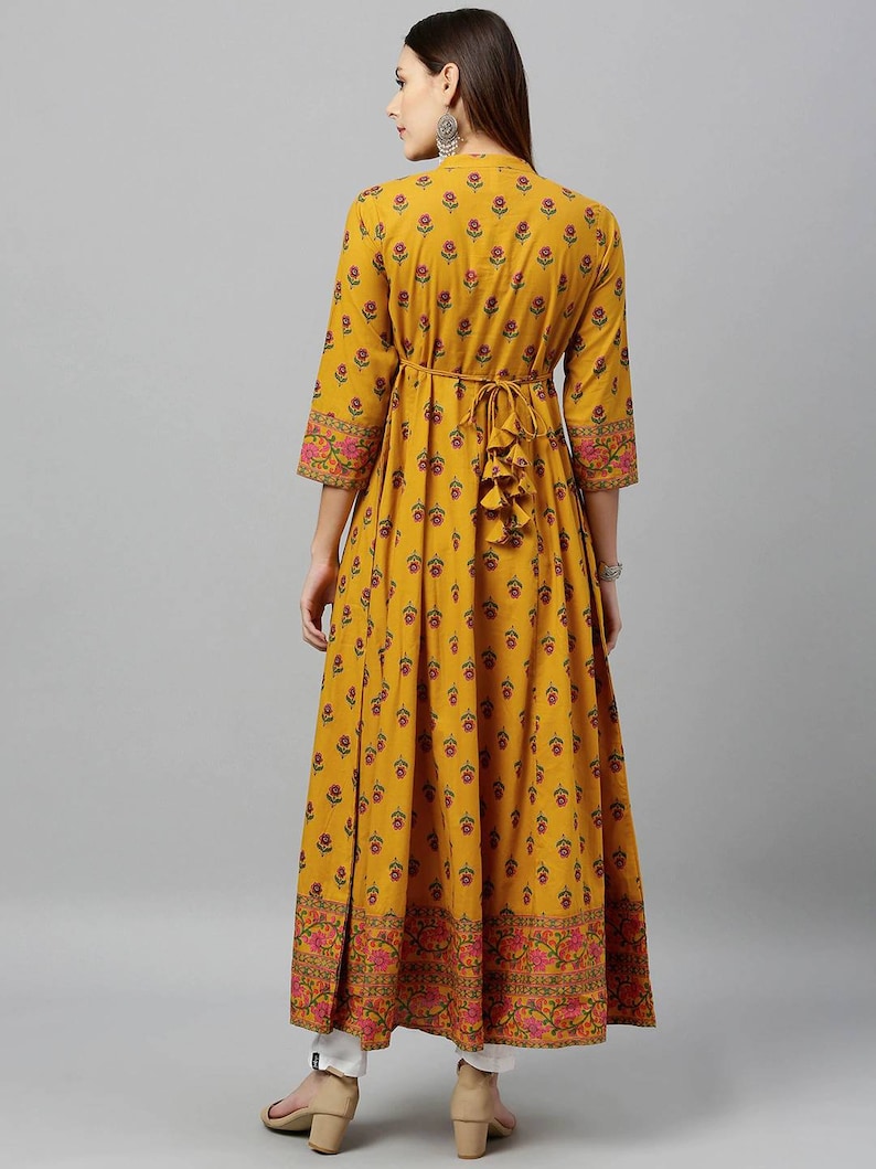 Mustard Yellow woven design A-Line kurta/Cotton/Tunic/Long Dress/Batik Print/Bollywood/Handmade/Anarkali/ Bollywood/ India