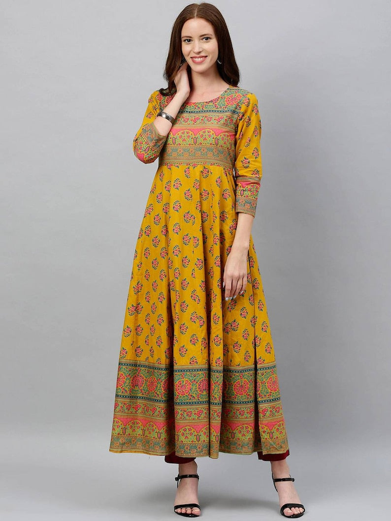 Mustard Yellow woven design A-Line kurta/Cotton/Tunic/Long Dress/Batik Print/Bollywood/Handmade/Anarkali/ Bollywood/ India