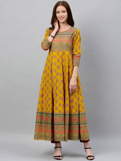 Mustard Yellow woven design A-Line kurta/Cotton/Tunic/Long Dress/Batik Print/Bollywood/Handmade/Anarkali/ Bollywood/ India