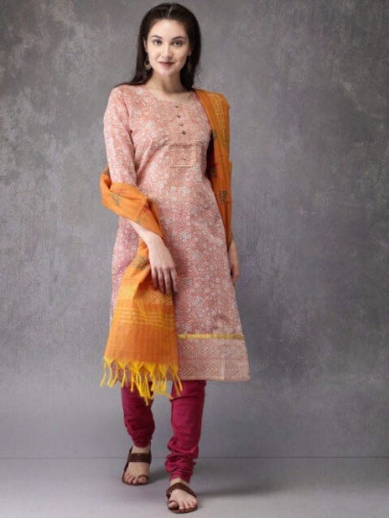 Ethnic Pure Cotton Silk Blend Kurta with Churidar Dupatta Set/ Tunic/ India/ Block Print/