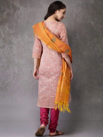 Ethnic Pure Cotton Silk Blend Kurta with Churidar Dupatta Set/ Tunic/ India/ Block Print/