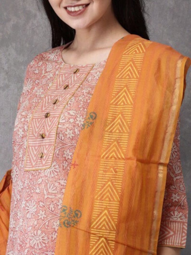 Ethnic Pure Cotton Silk Blend Kurta with Churidar Dupatta Set/ Tunic/ India/ Block Print/