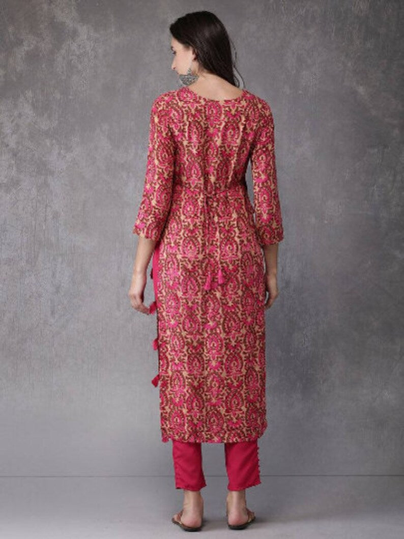 Cotton authentic Kurta/Kurta with Tassel Tunic/Long A line Dress/Batik Print/Bollywood/Handmade/Tassel/Bohemian/India/Summer