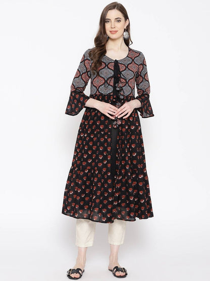 Linen Dress/ Linen Long/ Women Black & Rust Red Solid Straight Layered Dress/Summer Wear/ Anarkali/ Soft Cotton/ Block Print/