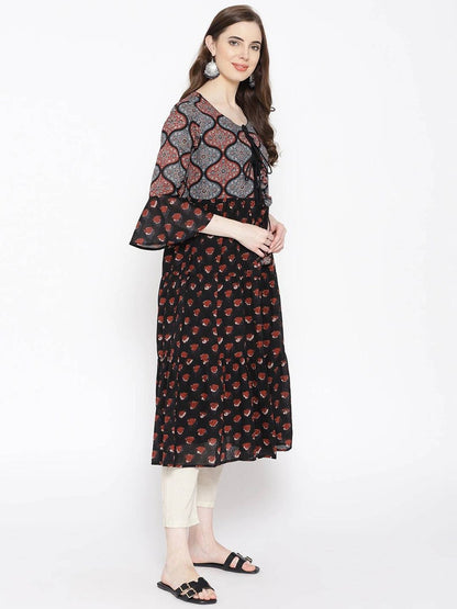 Linen Dress/ Linen Long/ Women Black & Rust Red Solid Straight Layered Dress/Summer Wear/ Anarkali/ Soft Cotton/ Block Print/