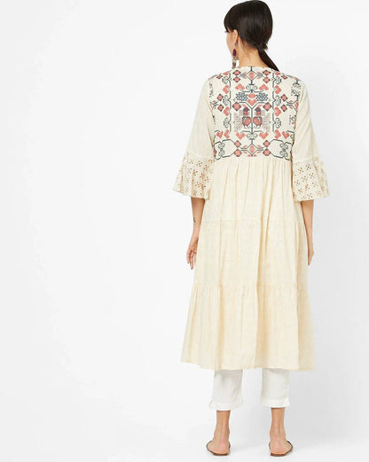 Linen Dress/ Women Off-White & Rust Solid A-Line Linen Dress with Printed Layer