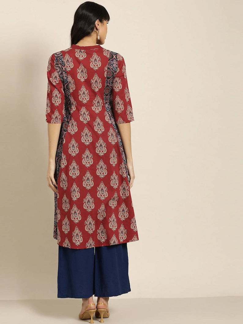 Women New!! Summer Festive Dress/ Tunic/Textured/ 100% Cotton/Double gauze Cotton/India/ Long Top/Ethnic Print Panelled A-Line Kurta