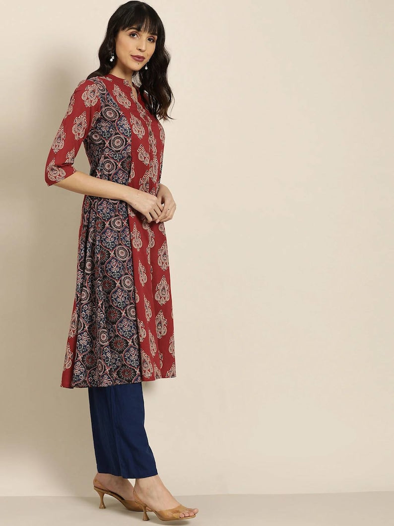 Women New!! Summer Festive Dress/ Tunic/Textured/ 100% Cotton/Double gauze Cotton/India/ Long Top/Ethnic Print Panelled A-Line Kurta