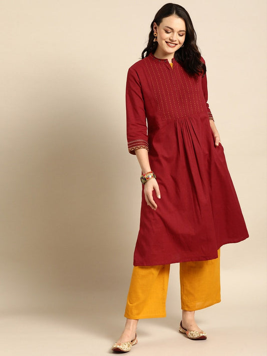 Women Pure 100 % Cotton Kurta Palazzo Set/ Maroon Yoke Design A-Line Kurta With Pleated Detail/ Long Dress/ Kurta/ Tunic/ Summer Wear/Ethnic