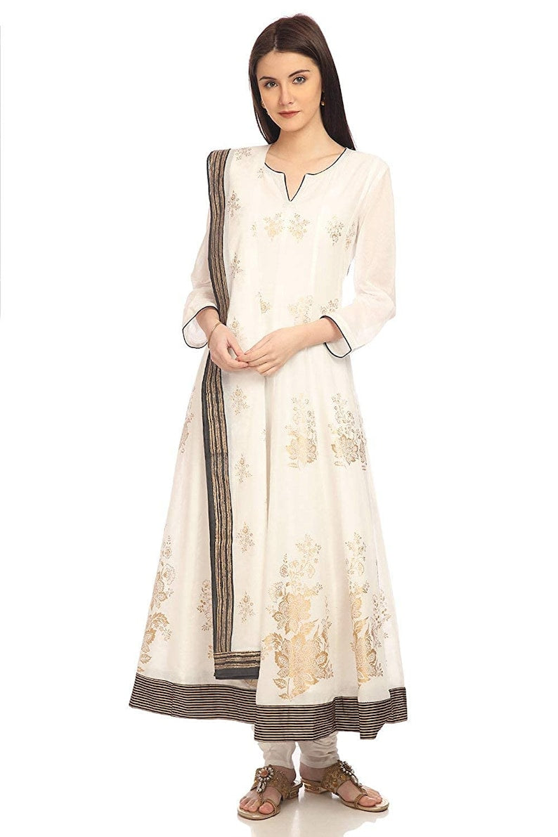 Off-White printed kurta with churidar/Beautiful Gold Motif/ Festive Look/Cotton Anarkali  Kurta/ Tunic/ Bollywood Ethnic/ India/ Boho