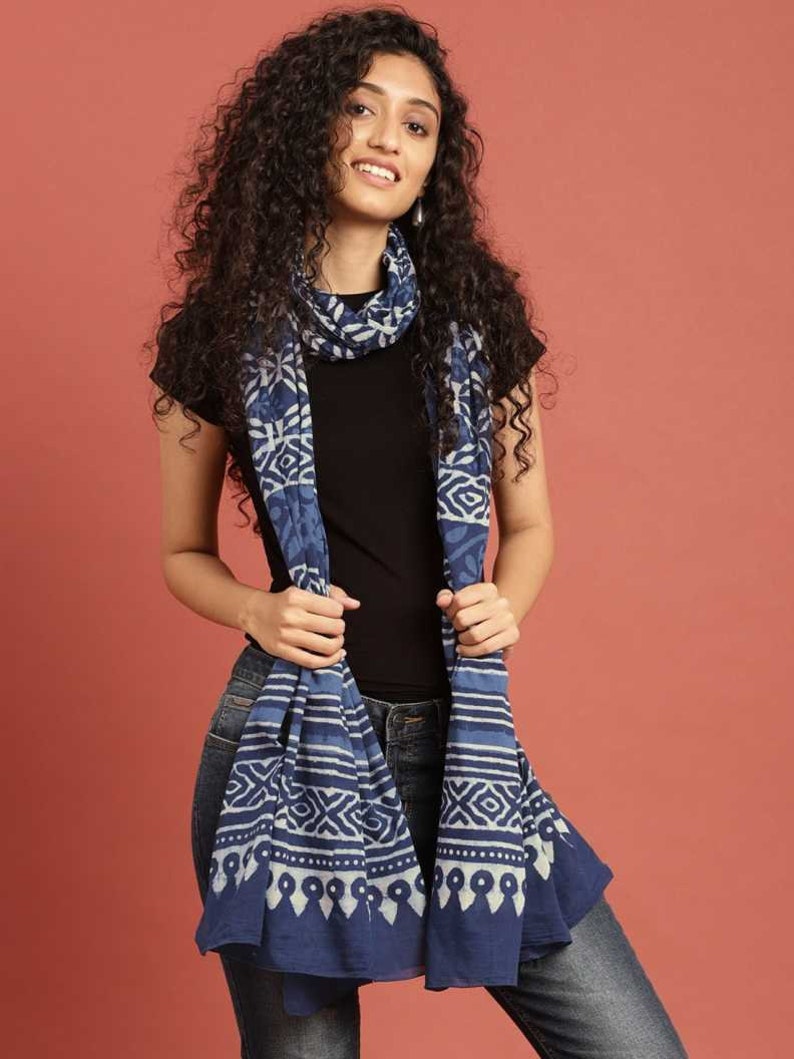 Women Indigo Hand Block Printed Sustainable Pure Cotton Dupatta