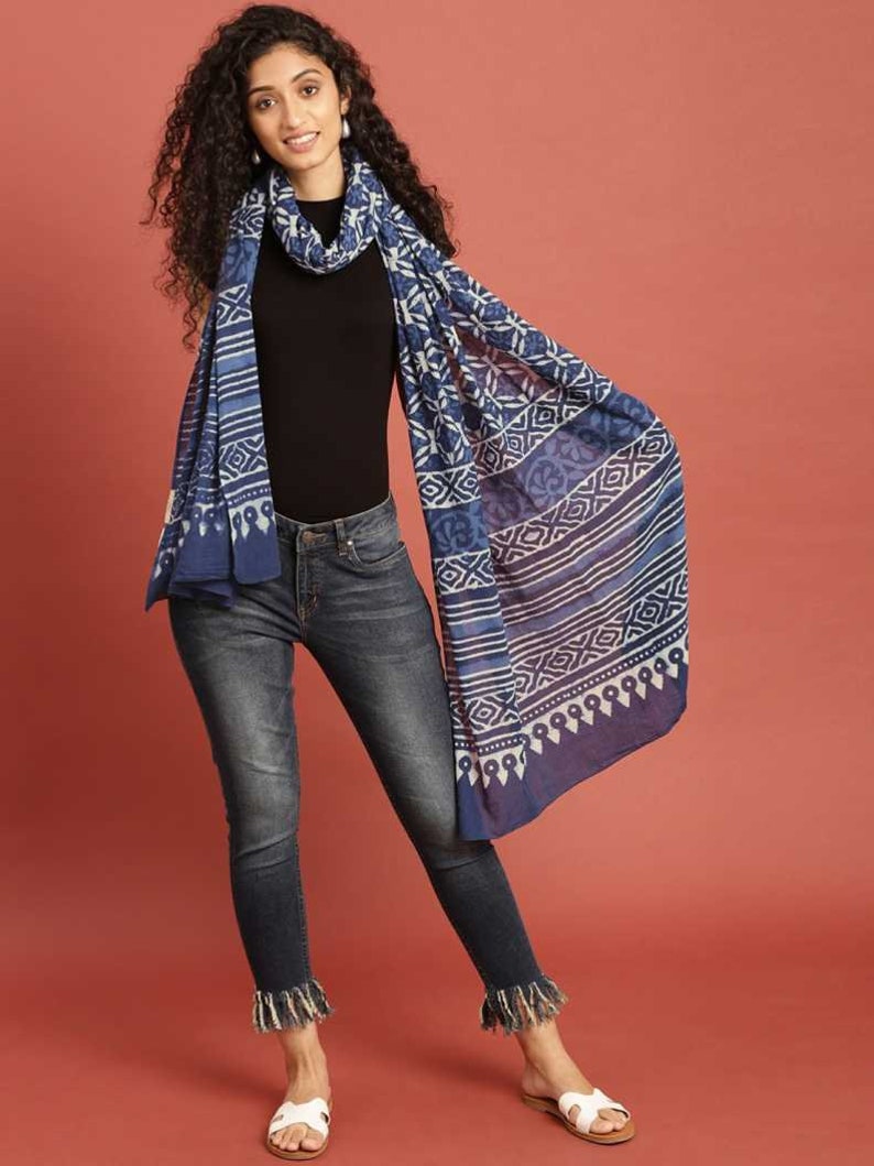 Women Indigo Hand Block Printed Sustainable Pure Cotton Dupatta