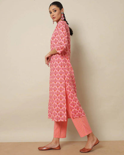 Printed Cotton Straight Kurta with Pants & Dupatta/ Batik print/Organic Cotton/ India/