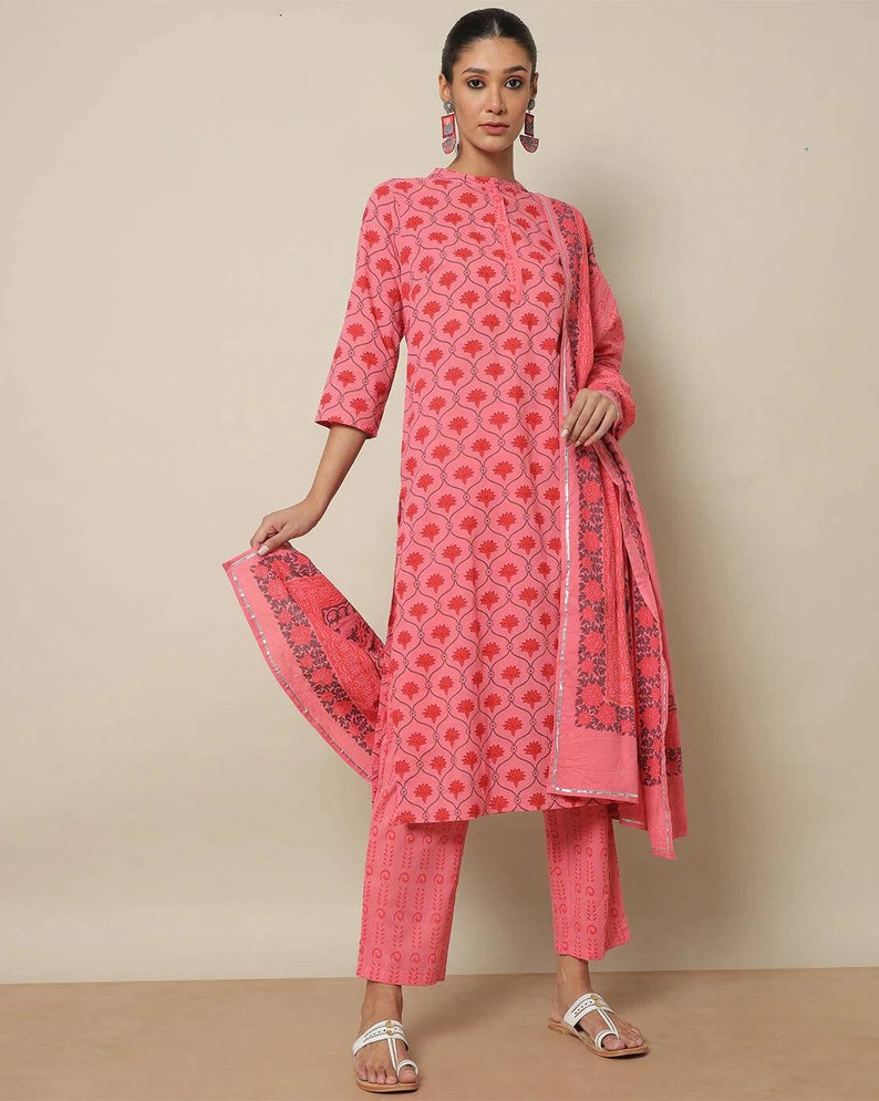 Printed Cotton Straight Kurta with Pants & Dupatta/ Batik print/Organic Cotton/ India/