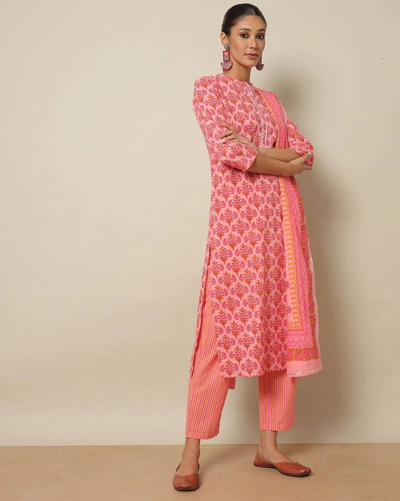 Printed Cotton Straight Kurta with Pants & Dupatta/ Batik print/Organic Cotton/ India/