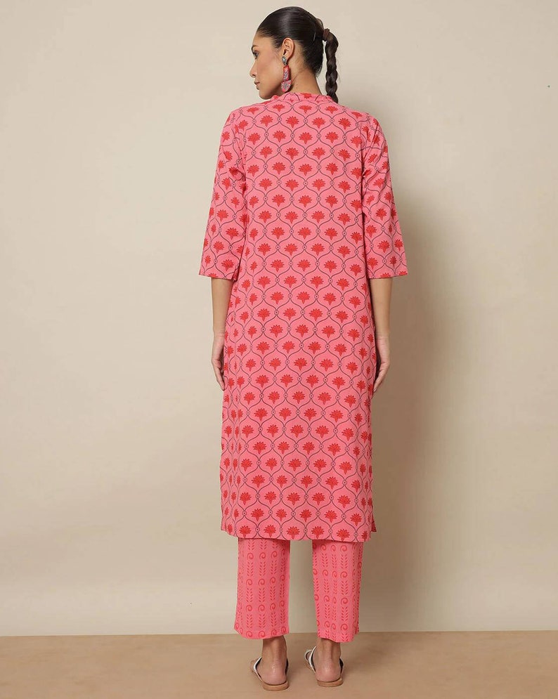 Printed Cotton Straight Kurta with Pants & Dupatta/ Batik print/Organic Cotton/ India/