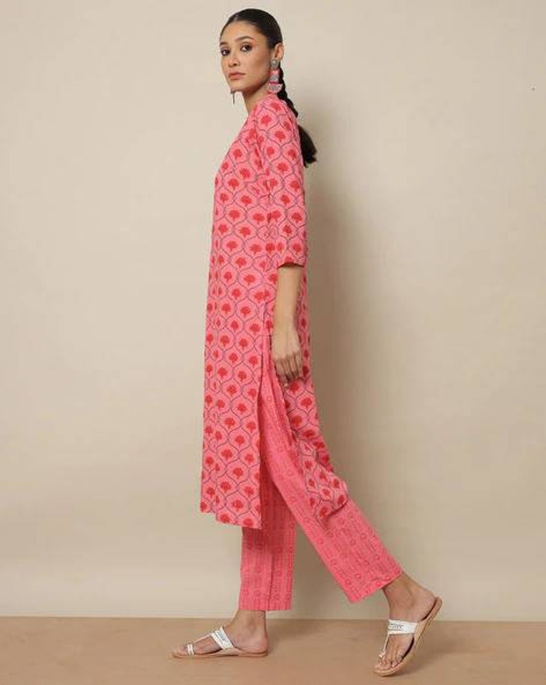 Printed Cotton Straight Kurta with Pants & Dupatta/ Batik print/Organic Cotton/ India/