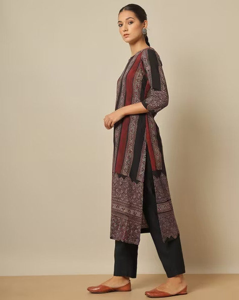 Handblock Ajrak Print Cotton Straight Kurta/Women  Ethnic Kurta India/ Cotton/ Indigo/