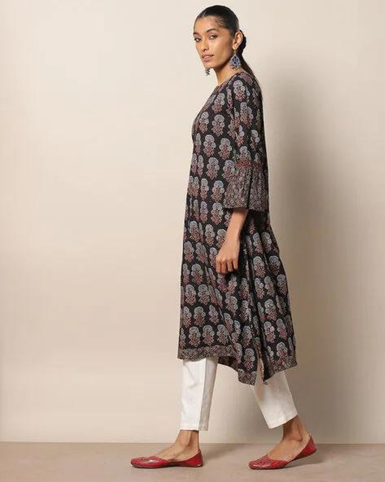 Handblock Ajrak Print Cotton Straight Kurta/Women  Ethnic Kurta India/ Cotton/ Indigo/