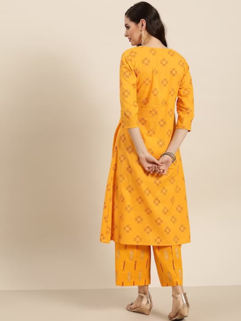 Women Mustard Yellow & Red Pure Cotton Ikat kurta with Palazzos/Tunic/Long Dress/Tassel/Bohemian/Traditional/India/Summer/