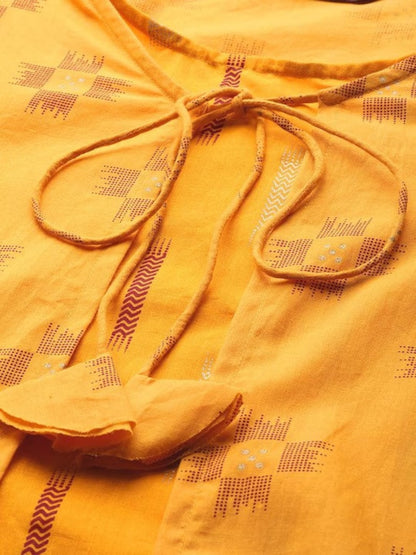 Women Mustard Yellow & Red Pure Cotton Ikat kurta with Palazzos/Tunic/Long Dress/Tassel/Bohemian/Traditional/India/Summer/