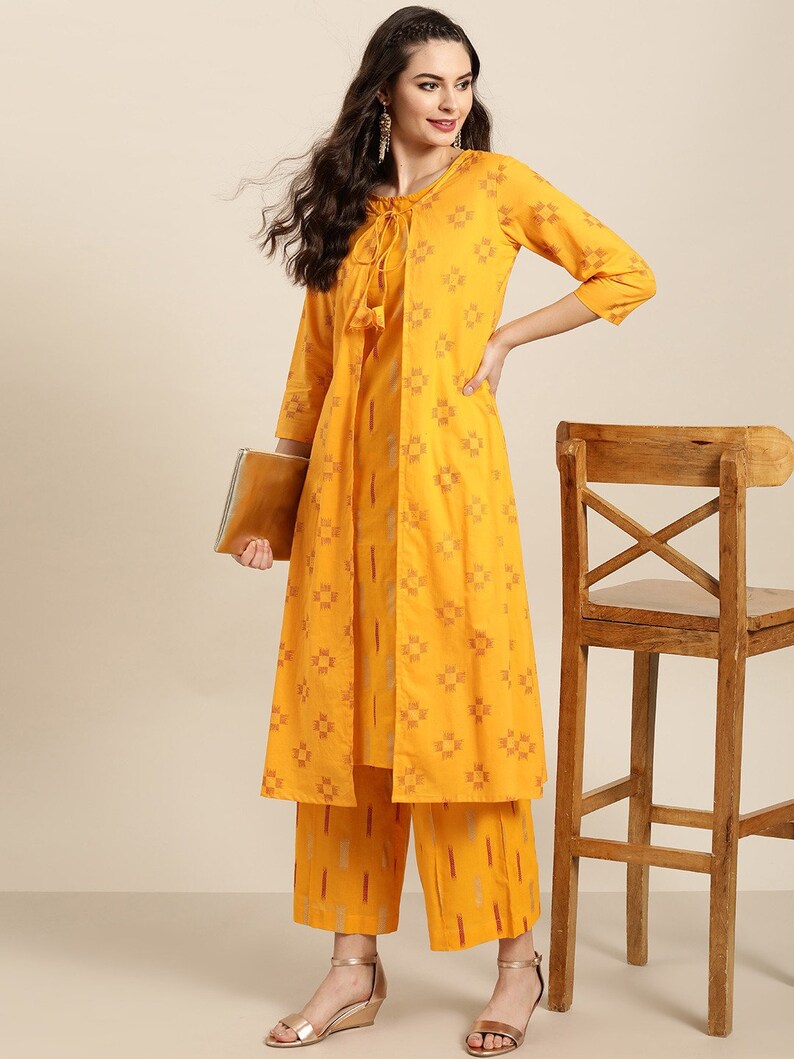 Women Mustard Yellow & Red Pure Cotton Ikat kurta with Palazzos/Tunic/Long Dress/Tassel/Bohemian/Traditional/India/Summer/