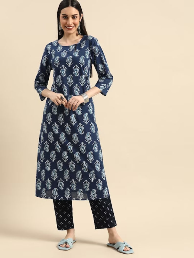 Handmade/Thread Work/Cotton Ethnic Kurta/Long Dress Shirt/Summer Tunic/Batik Madhubani Print/India/Bohemian/ Long Linen Dress Women Dress