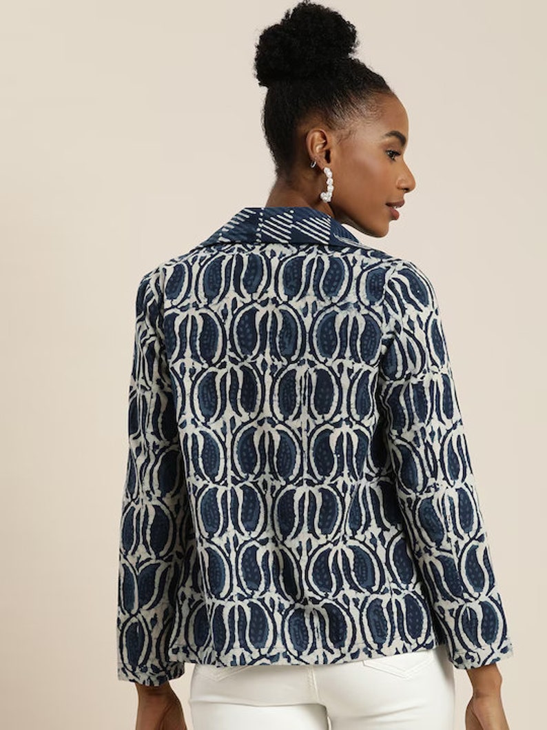 Women Indigo Dyed and Hand Block Print Open Front Patchwork Sustainable Jacket with Flared Hem/ India/ Ethnic/ Fusion Wear/