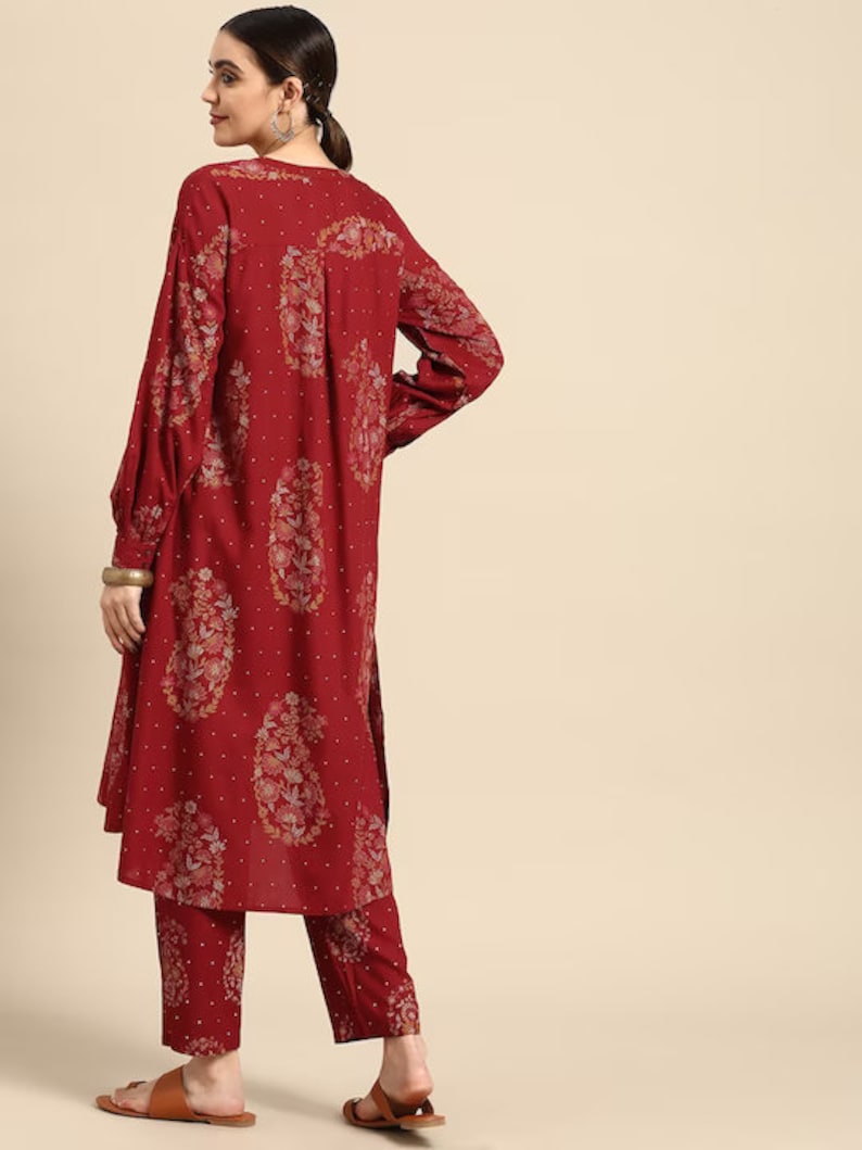 Red/  Off white printed Kurta with Trousers/ Mandarin Collar/ Cotton/ Linen Dress/ Pockets