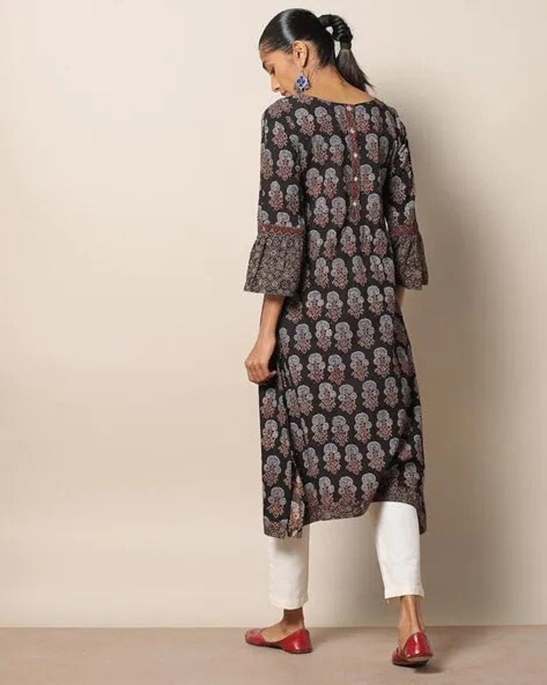 Handblock Ajrak Print Cotton Straight Kurta/Women  Ethnic Kurta India/ Cotton/ Indigo/