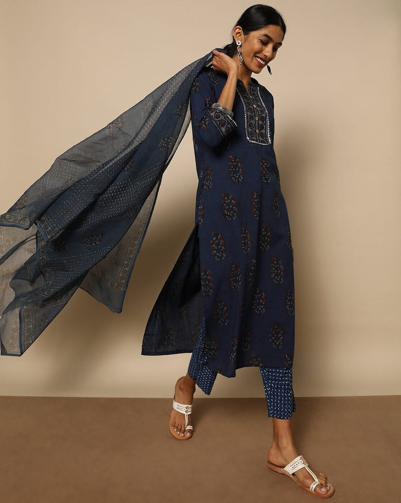 Indigo Cotton Kurta With Palazzo /Tunic/Long Dress/Batik Print/Bollywood/Handmade/Tassel/Bohemian/Traditional/India/Summer/Textiles/