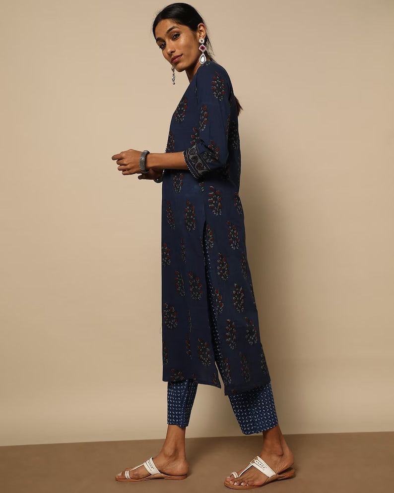 Indigo Cotton Kurta With Palazzo /Tunic/Long Dress/Batik Print/Bollywood/Handmade/Tassel/Bohemian/Traditional/India/Summer/Textiles/