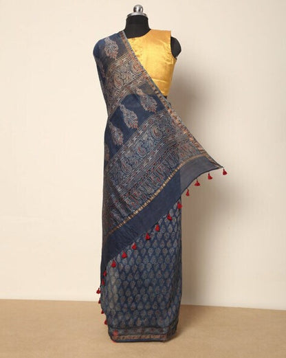 Kutch Ajrakh/ Hand-Blocked Dabu Print Saree/ Ajrakh/ Pure Cotton/ Chanderi Silk/ India/ Organic/